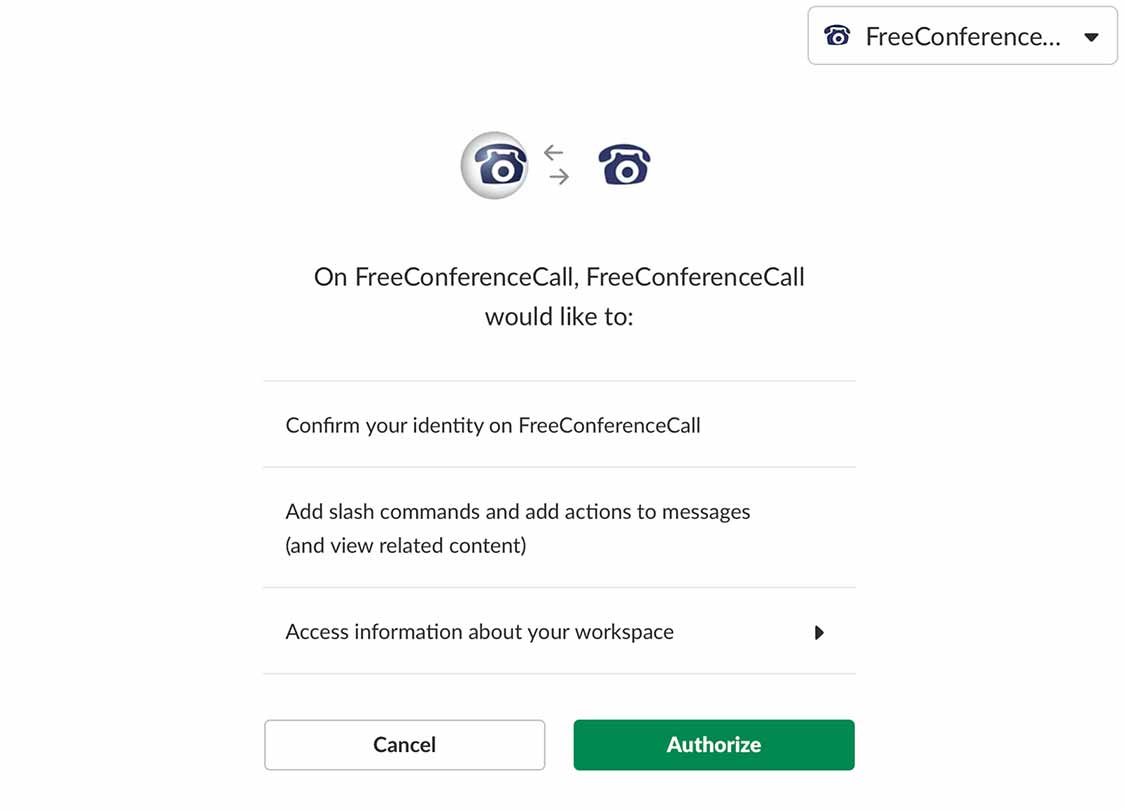 Klikkaa <strong>Valtuuta</strong> salliaksesi Slackille pääsy FreeConferenceCall.com -tilillesi.