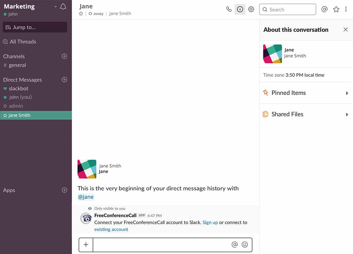 نافذة اختيارات Slack لتسجيل الدخول أو إنشاء حساب جديد على Freeconferencecall.